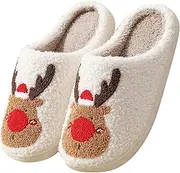 [Qubuwalk] Christmas Elk Slippers Comfy Plush Fuzzy Slippers Warm Cozy House Slippers for Women and Men Slip-on Indoor Outdoor Slippers