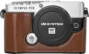E-P7 Case, BMAOLLONGB Handmade PU Leather Half Camera Case Bag Cover Bottom Opening Version for Olympus Pen E-P7 EP7 with Neck Strap Mini Storage Bag (Coffee)