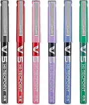 Pilot V5 Hi-Tecpoint Rollerball Pen - Fine 0.5mm Tip 0.3mm Line - Pack of 6 - Black, Blue, Red, Green, Purple and Pink