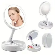 1pc Foldable Makeup Mirror With Led Light Storage Box Organizer, Double Sided 1X 10X Magnifying Retractable Mirror For Table, Vanity, Cosmetic