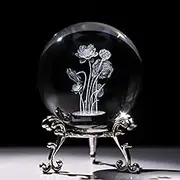 HDCRYSTALGIFTS 3D Engrving Crystal Lotus Flower Figurine 60mm Flower Crystal Ball with Stand Glass Decorative Ball Sphere for Home Decor Gift