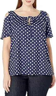 [Star Vixen] Women's Plus-Size Short Sleeve Cold-Shoulder Peasant, Navy dot, 3X, Navy Dot, 3XL