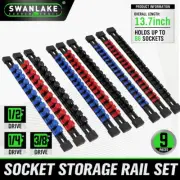 9pc Socket Organizer Mountable Sliding Holder Rail Rack Tool Storage 1/4 3/8 1/2