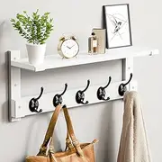 Oraich Wall Hooks with Shelf, Coat Rack Wall Mount for Coat Backpack Key Clothes Hanger, Wall Floating Shelf Hanging in Entryway, Living Room, Bathroom, Bedroom, Kitchen(White)