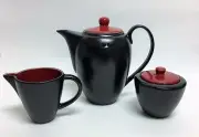 NEW 3 PC SET MIKADO BY TANNEX BLACK+RED CERAMIC TEAPOT,COFFEE POT,CREAMER,SUGAR