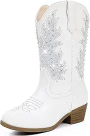 [Motasha] Sparkly Rhinestone Cowgirl Boots Toddler to Big Kids Mid Calf Zipper Low Heel Pointed Toes Party Birthday Dress Up