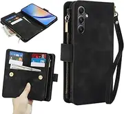 GoshukunTech for Samsung Galaxy A34 5G Wallet Case with 9 Card Holders,for Galaxy A34 5G Case Zipper Coin Pocket PU Leather Flip Cover Kickstand Protective Phone Purse with Wrist Strap-Black