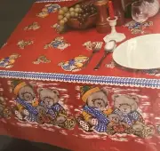 New Vintage Christmas Vinyl Tablecloth Teddy Bears in Sweaters 52” Square Red
