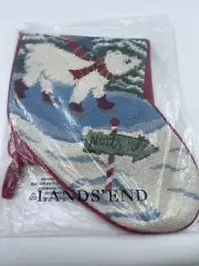 Lands' End Needlepoint Velvet Polar Bear North Pole Christmas Stocking Decor