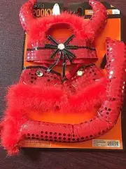 Looking Spooky Red Devil Halloween Fun Tail Cuffs Headband Choker Sparkly NIP