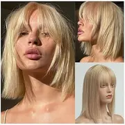 Human Hair Topper with Bangs, 10 Inch Light Blonde Remy Hair Pieces 3"×5" Silk Base Clip In Straight Hair Topper for Women with Thinning Hair