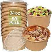 1000ml Disposable Salad Bowl Lunch Box Microwave, 50PK Takeaway Containers w/Lids, Non-Spill Oil-Proof Paper Soup Bowls, Meal Prep Food Conatiner Suitable for Hot Cold Takeout