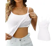 ASKSA Womens Tank Tops with Built in Bras Adjustable Spaghetti Strap Cami Tops Workout Shelf Bra Tank Top Basic Undershirts - White