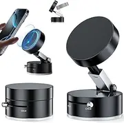 Vacuum Suction Magnetic Phone Holder, Foldable Retractable and 360° Rotatable Suction Cup Phone Mount for i-Phone 16/15/14/13/12 All Phones, Black