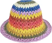 [Minache] Foldable Wide Brim Colorful Crochet Straw Hat,Outdoor Sun Visor Hat UPF 50+ Summer for Women Girl