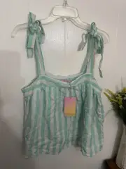 Staney Clover L Cropped Tank Top Green & White Stripe Linen Rayon NWT