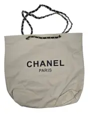 CHANEL Novelty Beige Canvas Tote Bag With Gold Chainlink Strap