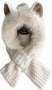 [XBAQKEMT] Cute Fox Ears 2 in 1 Hat and Scarf, Plush Cap Ear Protection One Piece Set, Winter Warm Hat Scarf for woman
