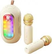 Oimzzr Karaoke Wirel Microphone and Speaker Set with 2 Microphone Rechargeable Color Lights Handheld Mic Karaoke Speaker s for Girls Boys Birthday Party Home KTV Set Beige