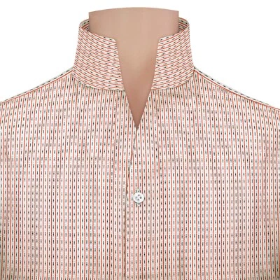 Karl Lagerfeld Style Men's High Collar Tall Open Neck Red Black Pinstripes Shirt