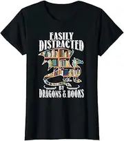 [VidiAmazing] Womens Easily Distracted by Dragons & Books Medieval Fantasy Reader ds2474 T-Shirt