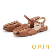 在飛比找momo購物網優惠-【ORIN】寬版編織護趾真皮平底涼鞋(棕色)