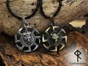 Viking Necklace Fenrir Wolf, Kolovrat Pendant Slavic Sun Wheel, Silver / Bronze