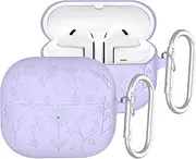 ECZOIL Flower Engraved Case Compatible with Galaxy Buds 3/3 Pro,Soft Silicone Protective Case with Carabiner for Galaxy Buds 3/3 Pro-Purple