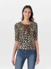 Brown Wool Cheetah Print Short Sleeve Top