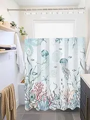Clblhlolkuy Waterproof Shower Curtain for Bathroom, Ocean Fish Seaglass Coral Jellyfish Blue Summer Hotel Fabric Soft Bath Curtain with Semi-Transparent Top Window & Hooks, 72"x72"