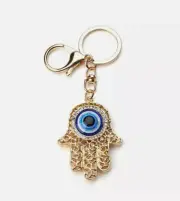 Hamsa Chamesh Gold Crystal Eye Ward Hand Charm Keychain Key Fob