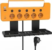 PRINCEWAY Multiple Socket Wall Mounted with LED Work Light and Tool Organiser, 5 Type F Sockets with Switch, USB and Type C Charging Ports, Cool White Lighting with Sensor Switch