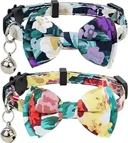 Collar for Cats Pets Breakaway with Bell Bowtie Floral Bow Detachable Adjustable Safety Puppy 2pcs Yellow & Purple Oil Painting