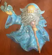 WIZARD STATUE BLUE HOLDING DRAGON & WAND WITH CRYSTAL MYSTICAL ENCHANTING MAGIC
