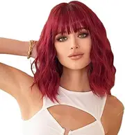 Wavy Shoulder-Length Wig with Bangs, Burgundy Red, Heat Resistant Synthetic Hair