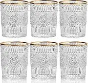 2/4/6 Pack Vintage Ribbed Embossed Water Glasses, Glassware Tumblers, Drinking Glass Set for Juice, Beverages, Tea, Beer, Cocktail, Valentines (Gold Rim, Low, 6 Pack)