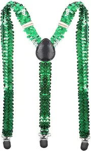 SEQUIN SUSPENDERS Unisex Adjustable Braces Clip On Elastic Y-Back - Green