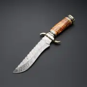 Custom Handmade Damascus Steel Grooved Bone Handle Bowie Knife with Sheath