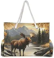 [YXYZRMY] Moose Sunset Autumn Beach Bag for Women Large Beach Tote Bag Zipper for Swim Gym Travel Daily