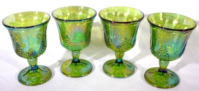 4 VINTAGE 1970 INDIANA GLASS HARVEST GRAPE IRIDESCENT LIME GREEN GOBLETS MINT!