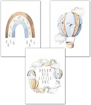Lemmami Papeterie Set of 3 Boho Decorative Wall Pictures Nursery Baby Room Poster Pictures Girls Boy Dream Big Little One (Blue Hot Air Balloon Rainbow)