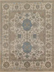 Bohemian Oushak Indian Area Rug Hand-Knotted 8x10 ft Ivory Carpet