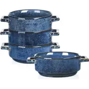 24 Oz Ceramic Soup Bowls with Handles for French Onion Soup, Set of 4 (Blue)