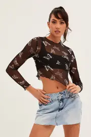 Black Mesh Long Sleeve Crop Top - Size XS, Women's Top