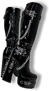 [Frankie Hsu] Goth Sexy Chunky Platform Knee High Heeled Boots, Black Patent Silver Chain Rivets Gothic, Punk Y2K Hot Girl Big Large Size Wide Calf Long Shoes For Women Men