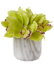 Nearly Natural Cymbidium Orchid Artificial Arrangement in Marble Vase