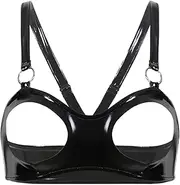 [Choomomo] Women's Wet Look Lingerie PVC Leather Bras Open Chest Caged O Ring Latex Hollow Out Crop Top