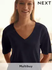 Navy Cotton Modal Slouch V-Neck T-Shirt (E59955) | $19