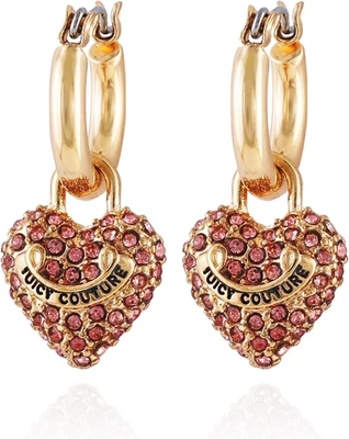 Goldtone Huggie Hoop with Pave Pink Rhinestone Heart Charm Dangle Earrings, One