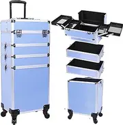 [CHUANGJIN] 4 in 1 Rolling Makeup Train Case Professional Cosmetic Trolley Large Storage Organizer with Key Swivel Wheels Salon Barber Case, Blue, Modern